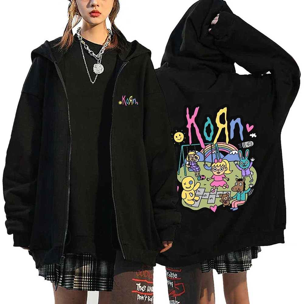 Korn Rock Hoodies WORLD TOUR Zipper Sweatshirts Korn Rock Metal Zip Up Jackets Fleece Oversized Jackets Coats Hip Hop Streetwear