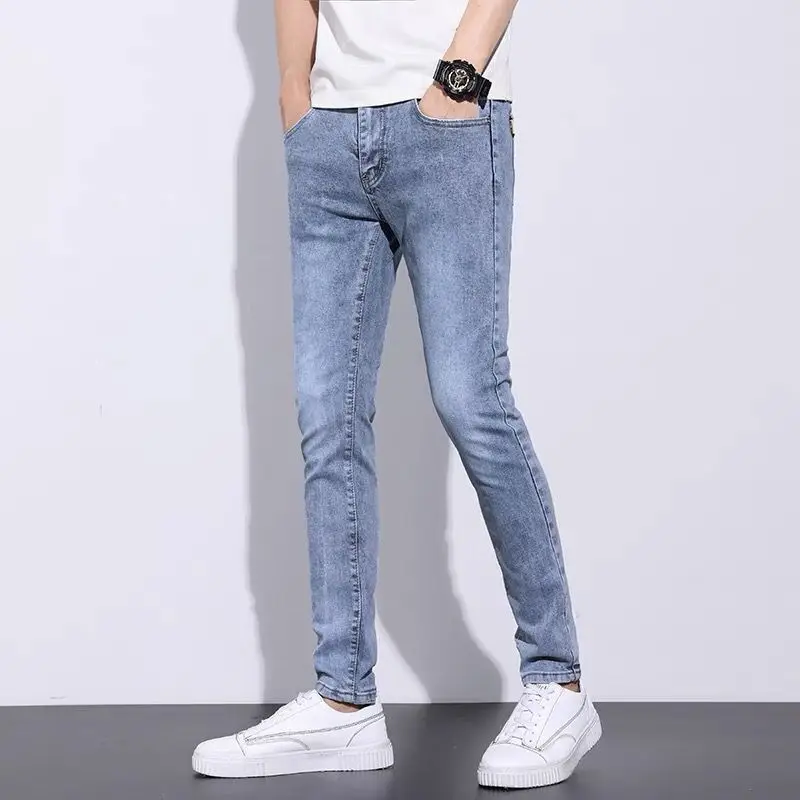 Light Blue Denim Skinny Jeans Men's Spring Autumn Fashion Korea Simple Slim Fit Fashion Elastic Casual Cowboy Long Pencil Pants