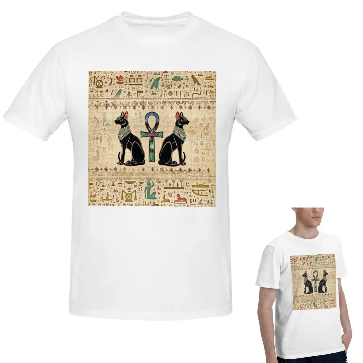 

100% хлопок, футболка с египетскими кошками и крестом Анк, мужская классическая футболка большого размера, мужские летние рубашки с круглым вырезом, топы, S-6XL