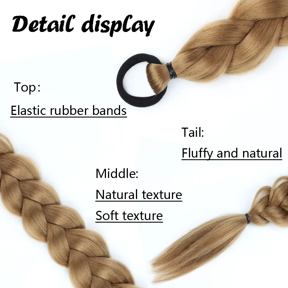 24inches Synthetic Long Braided Ponytail Hair Extensions for Women Black Brown Pony Tail with Hair Rope High Temperature Fiber