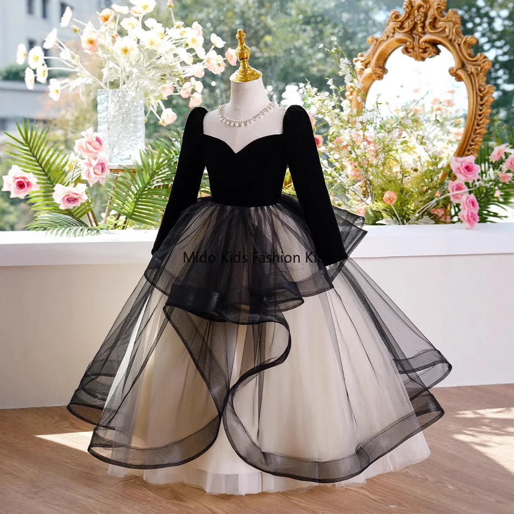 Black Luxury Children's Princess Dress Girls Winter Evening Gown Ladies Suitable Older Children Ideal Hostesses Piano Performers