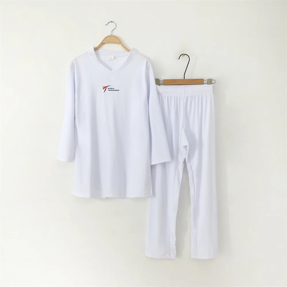 Uniforme de taekwondo com gola branca, treinamento de combate, competição específica, secagem rápida, uniforme de artes marciais adequado para homens e mulheres