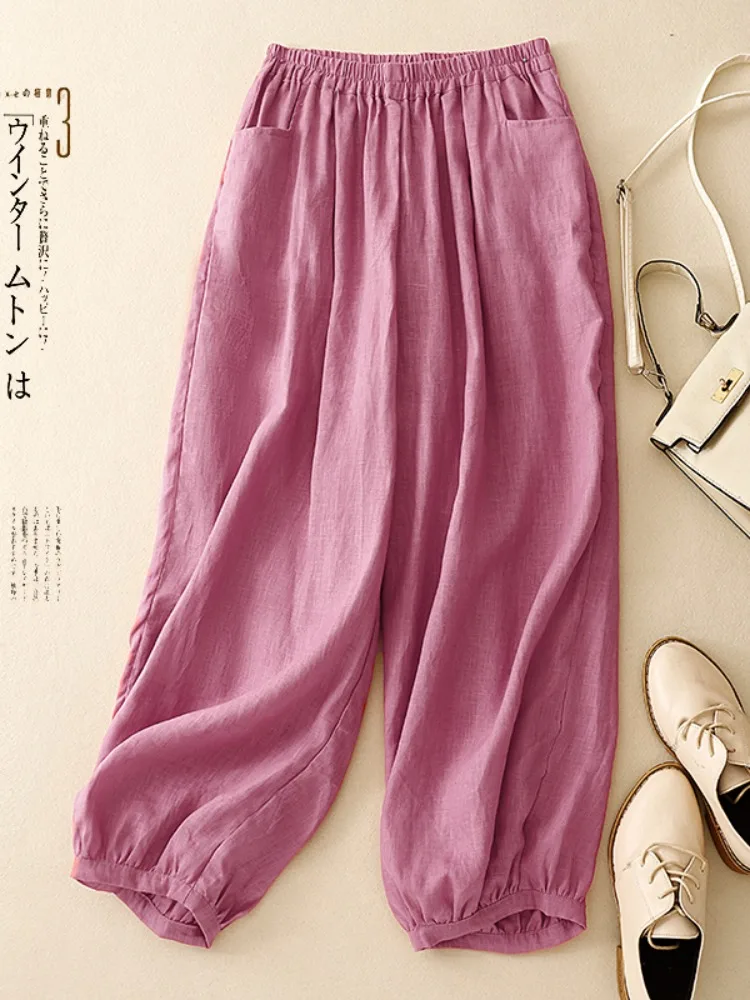 Pantaloni lanterna estivi in cotone e lino sottile da donna Elastico in vita di grandi dimensioni Nascondi pantaloni di lino casual a gamba larga per mamma sottile