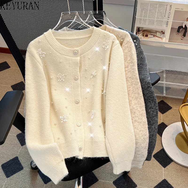 Vintage Peals Beading Sweater Jacket Women 2024 New Autumn Winter O-Neck Long Sleeve Lazy Loose Soft Short Knitted Cardigan Tops