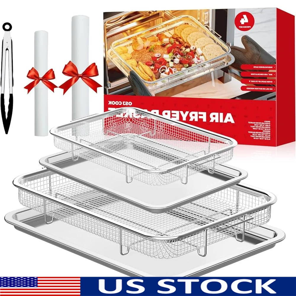 

Air Fryer Basket Set Non-Stick Oven Accessories Stainless Steel Tray Cooking Tongs Healthy Meal Preparation Dishwasher Safe
