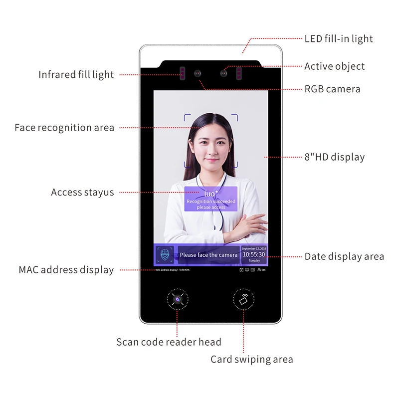 

8-Inch IP55 Touch Screen Access Control Terminal With Face Recognition For Indoor Outdoor Use Up To 100000 Data Storage Records