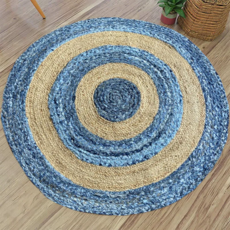 Rug Jute & Denim Round Reversible Handmade Area Carpet Modern Rustic Look Rug Carpets for Bed Room Prayer Mat Muslim