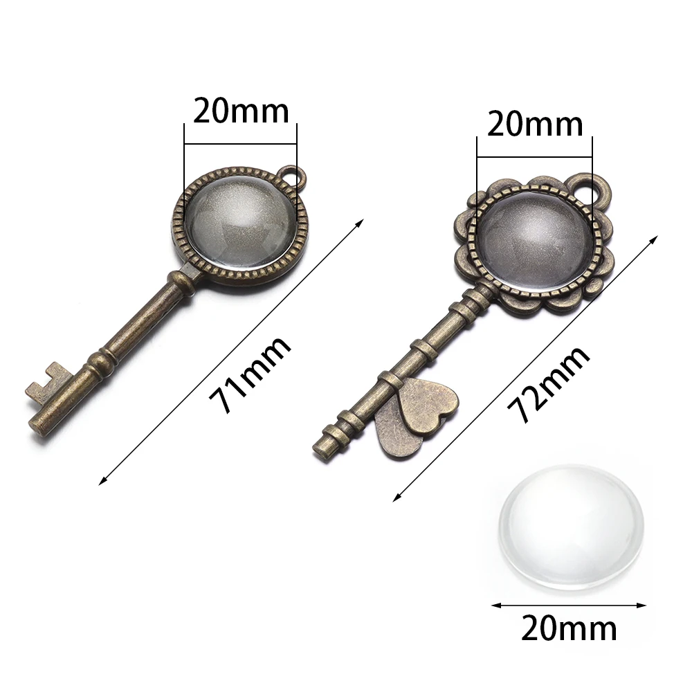 5 set/lotto chiave in lega Cabochon Base 20mm metallo rotondo forma chiave Base impostazione con vassoio pendente in vetro per collana creazione di gioielli