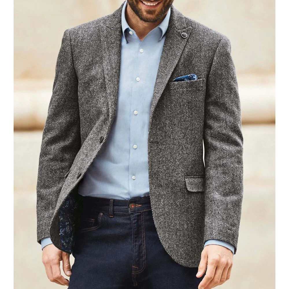 

Мужской пиджак с узором «елочка», однобортный, простой, повседневный, модный, облегающий, удобный, элегантный, деловой, офисный, для