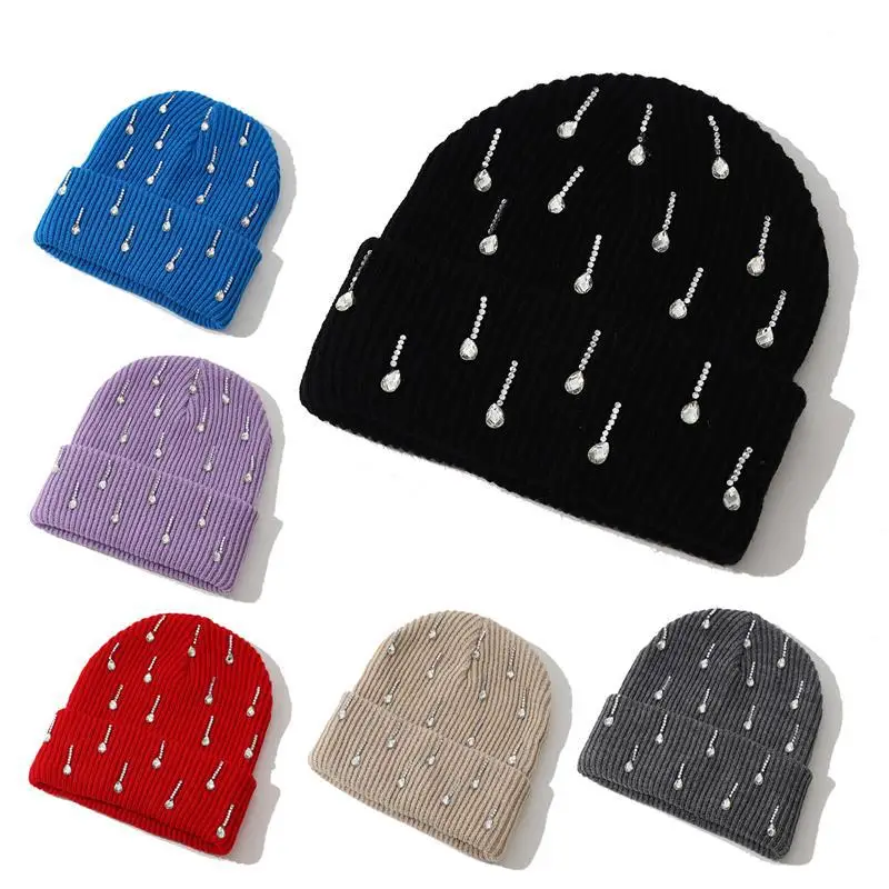 Ladies Rhinestone Teardrop Crystal Decor Beanie Hat Winter Warm Elastic Cuffed Skull Cap Fashion Party Daily Headwear for Women
