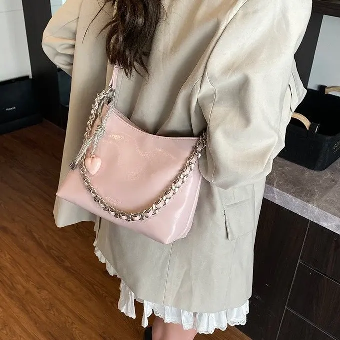 

New Minimalist Women's Bag Beige Basic Model with Pendant Silver Buckle Decoration Removable Multi-color Optional