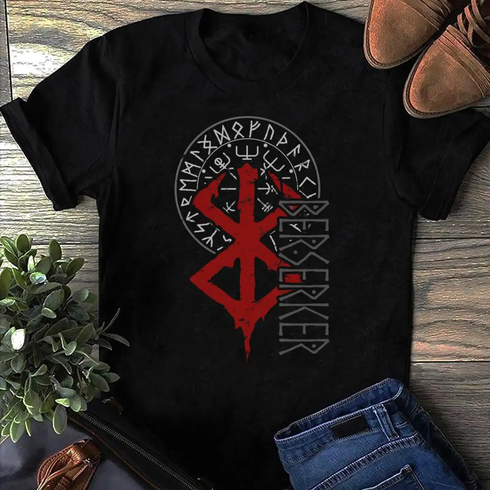 T-shirt Berserk Rune Viking Mythologie Nordique pour Amateurs – Style Vintage Lavé, Graphique Tendance, Vêtements Polyvalents et Élégants de Créateur