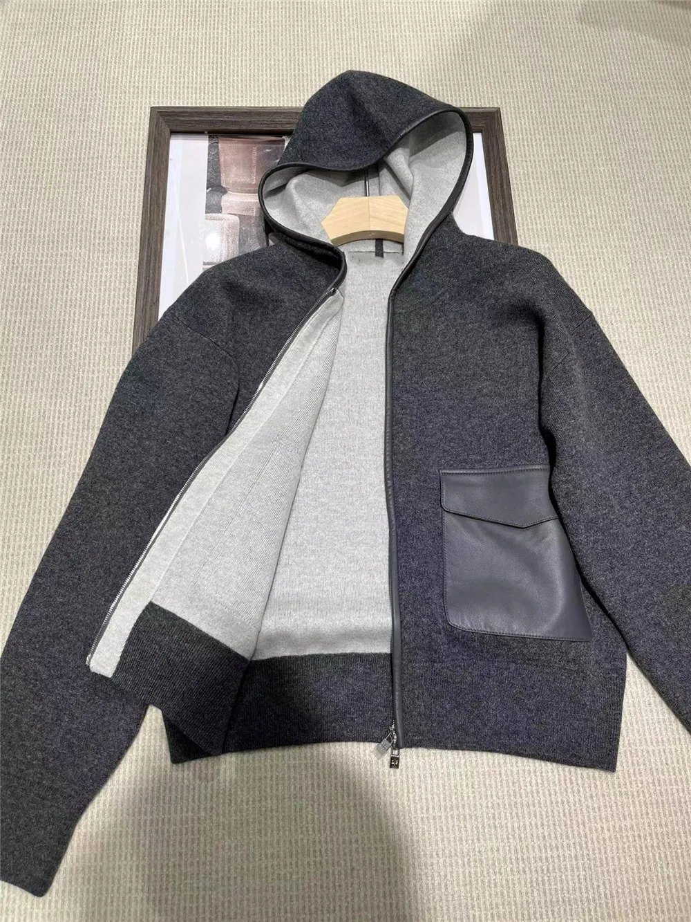 2023 New Women Casual Cashmere Hooded Cardigans Sweater Patchwork Pocket Knitted Jacket