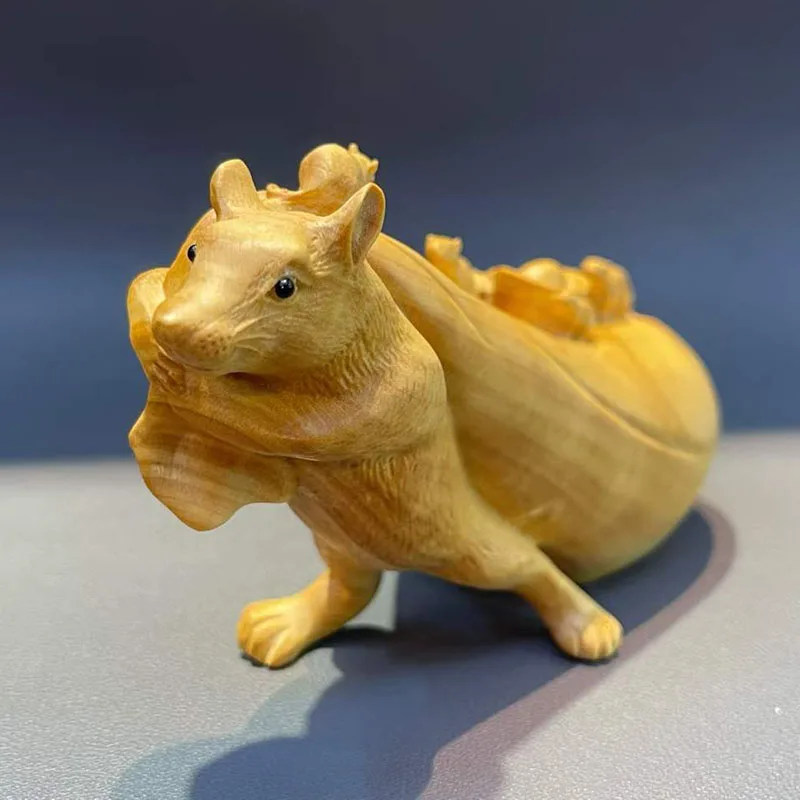 Q5093 - 12 X 7 X 4.8 cm Boxwood Carved Figurine For Decoration - Wealthy Mouse Family