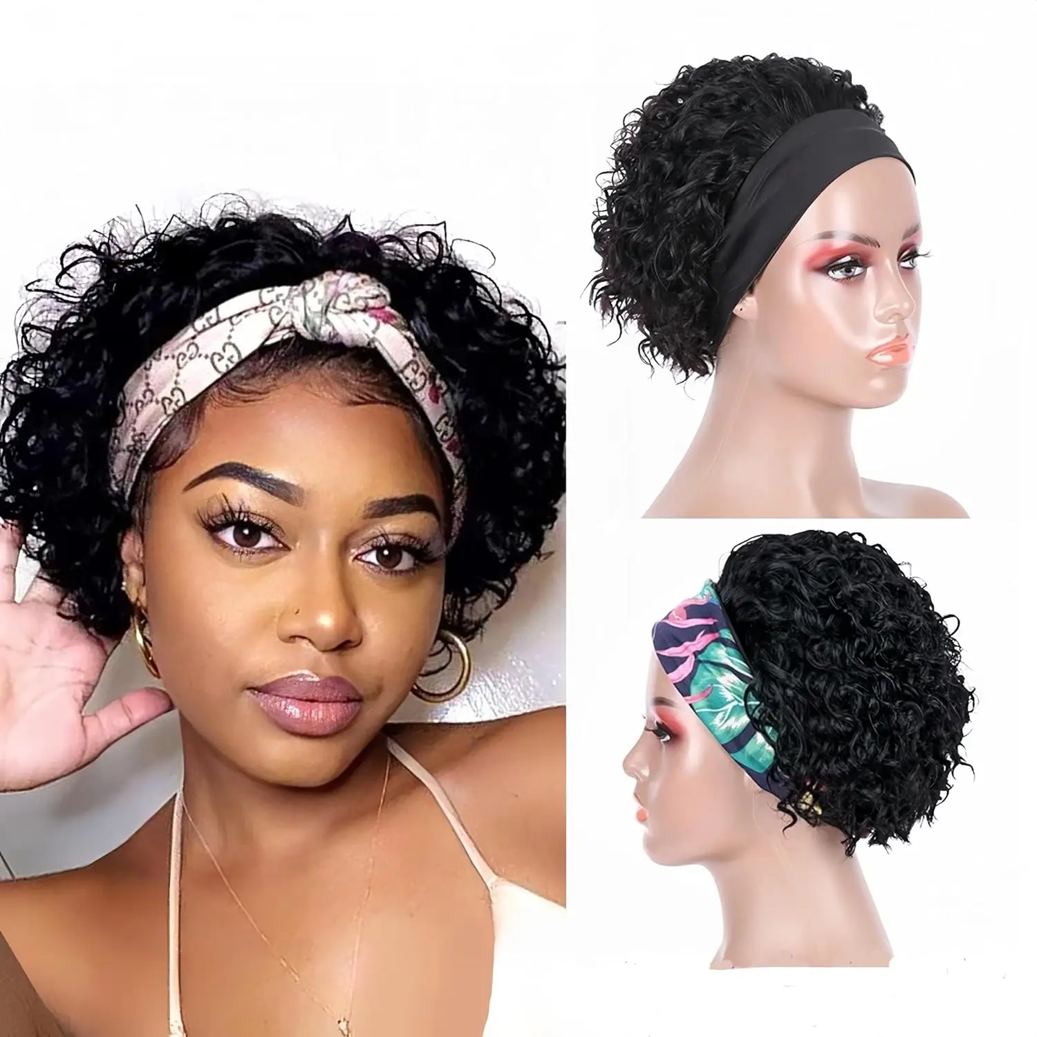 Short Curly Headband Wig Human Hair Wigs for Black Women Pixie Cut Wig  150% Density Natural Black Machine Made Wig