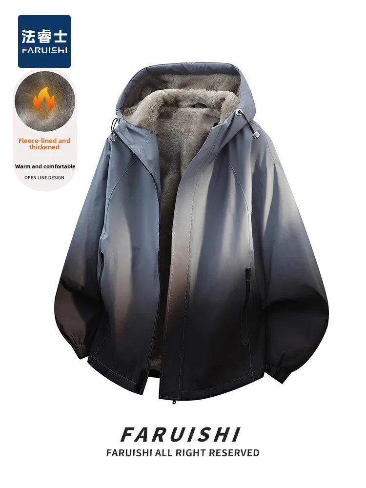 

American Style Fleece Lined Warm Cotton Jacket Men's New 2026 Loose Fit Hooded Coat Youth Trendy Brand Casual Long Sleeve Zipper