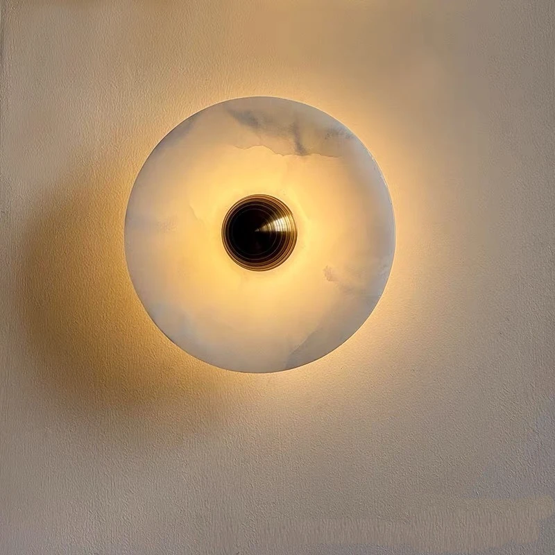 Nordic Luxury Circular LED Wall Lamps Natural Marble Brass Wall Light Living Room Corridor Bedroom Atmosphere Decorative Light