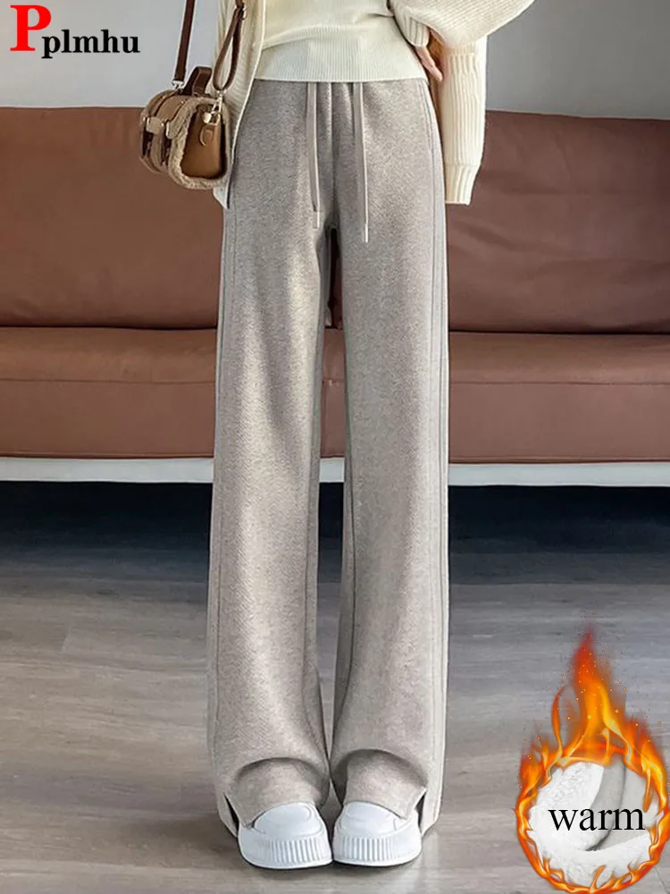

Зимние теплые свободные прямые брюки, корейские модные утепленные брюки, женские повседневные однотонные эластичные брюки с высокой талией на бархатной подкладке
