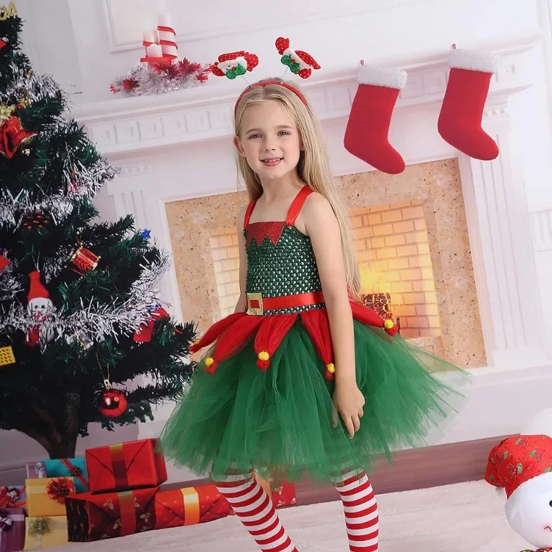 Meninas natal elfo cosplay traje carnaval festa crianças papai noel princesa tutu vestido de natal role play fantasia vestir-se