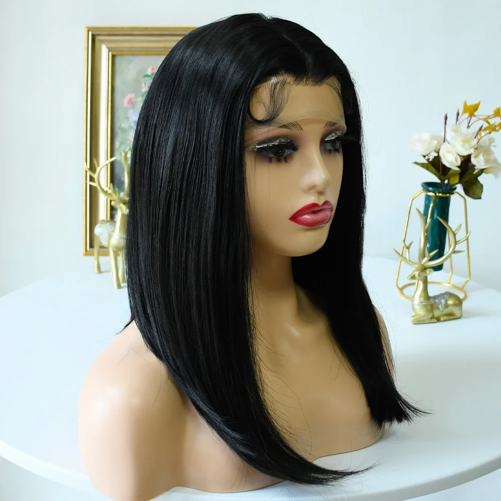 14-дюймовый короткий прямой парик Боб 13x4, прозрачный кружевной фронтальный парик, бразильские предварительно выщипанные парики спереди, синтетический бесклеевой парик