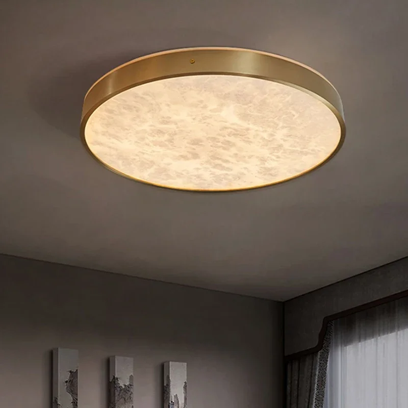 Nordic Postmodern Dining Room Kitchen Balcony Brass Ceiling Light Minimalist Bedroom Rotundity Marble Lampshade LED Hanging Lamp