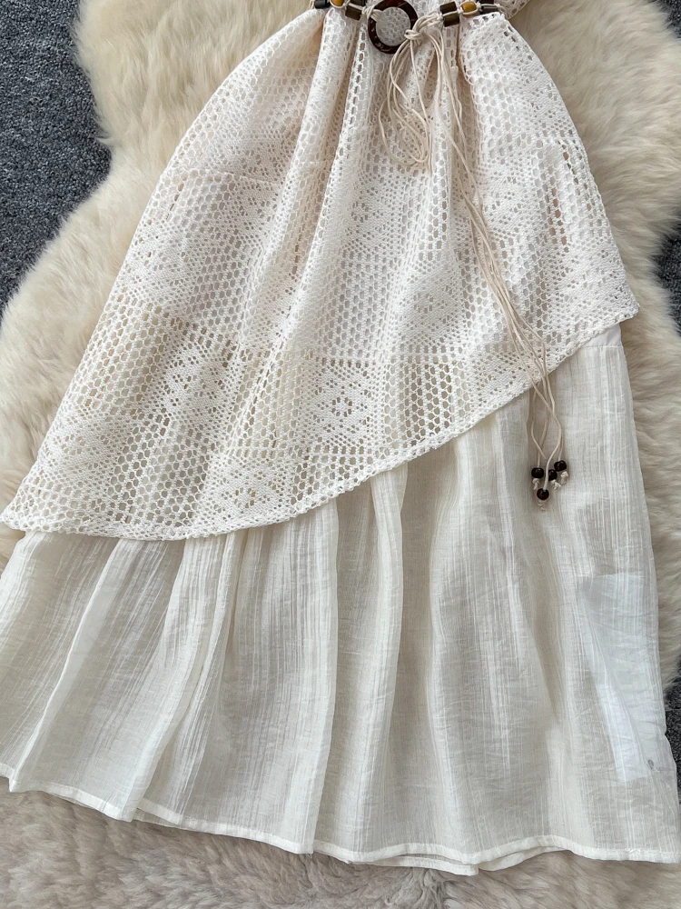 Retro Design Asymmetrische aushöhlen Gestrickte Gürtel Taille rund Ne Svel Dr Frauen Hohe Taille A-Linie Sommer Pendeln