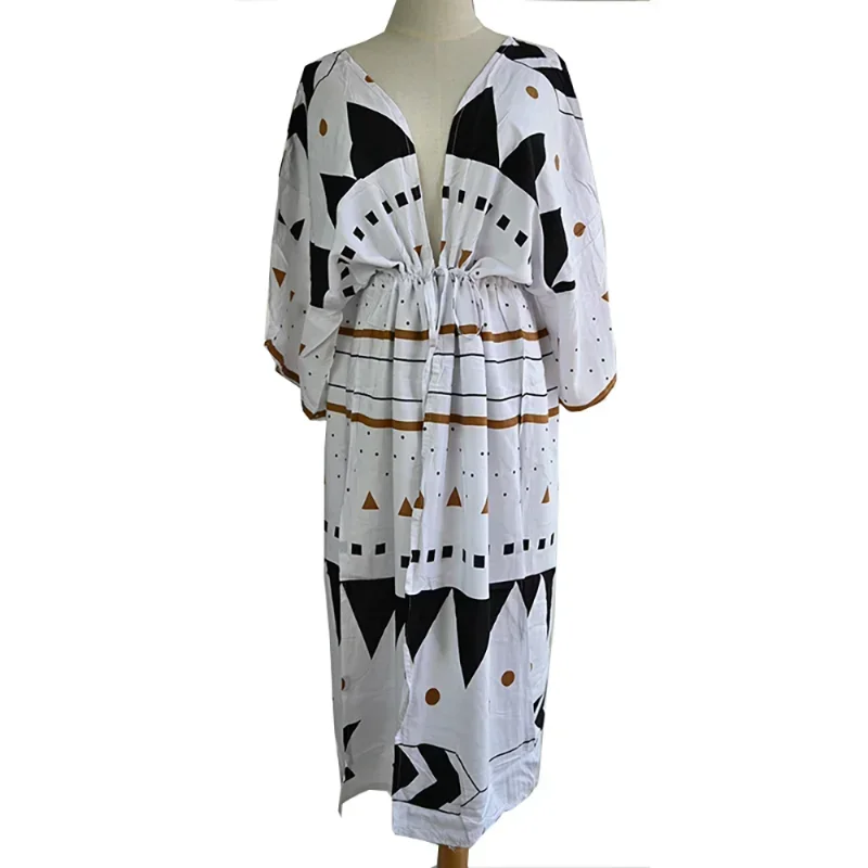 2024 New Beach Cover Up Print Loose Kimonos Pareos Beachwear Swimsuit Cover Up Women Summer Dress Kaftan Robe Tunics For Beach