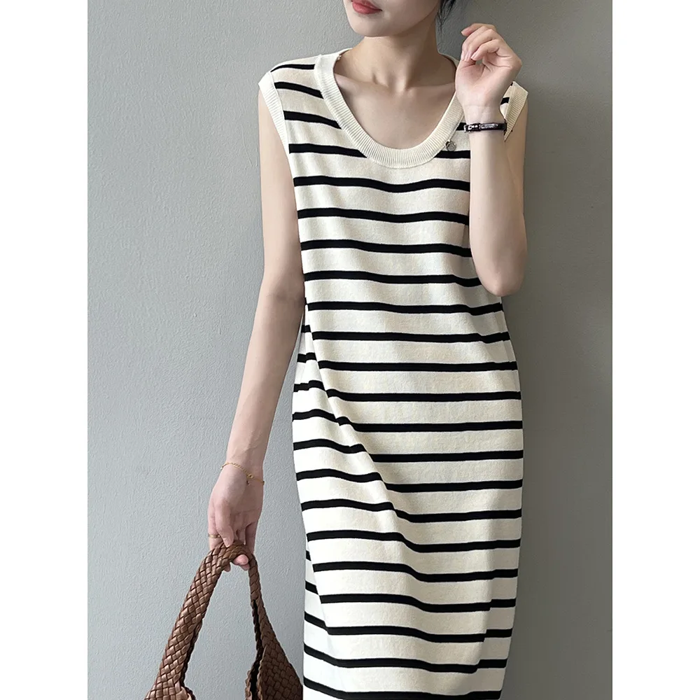 

Summer women's French sleeveless crew neck long striped vest dress loose knit