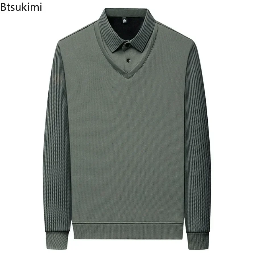 Moda Fałszywa dwuczęściowa męska koszula z długim rękawem w paski Splice Lapel Loose Casual Pullover Tops 2025 Męska formalna biznesowa koszulka polo