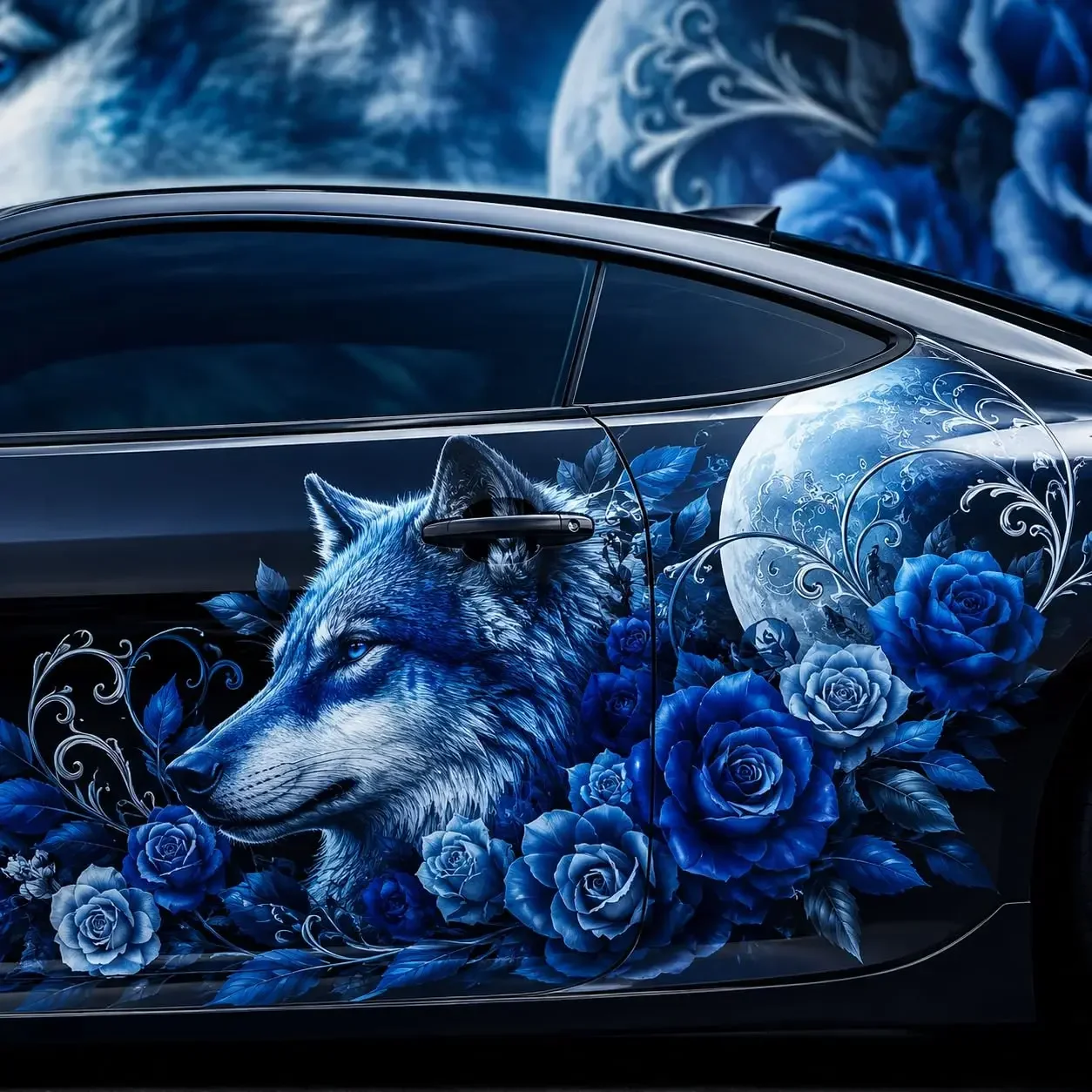 2pcs Wolf and Blue Roses Moon Car Side Graphic Vinyl Wrap Decal