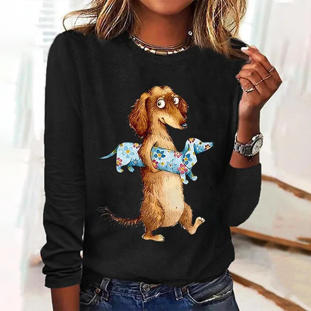 Funny Dachshunds Pattern Print Long Sleeves T shirts Fall Cotton Crewneck Women\'s T-shirts Fashion Women Clothing Pullover