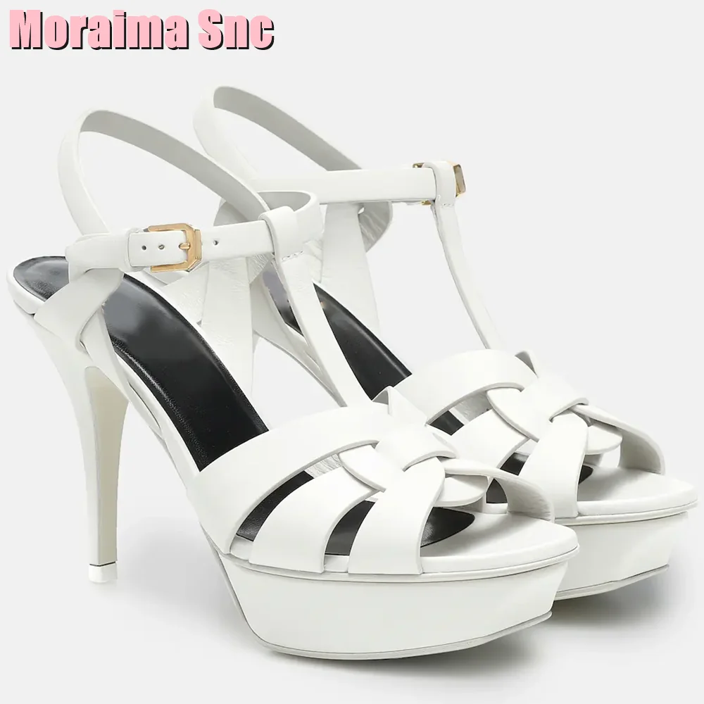 Platform Peep Toe T-strap Sandals Women Shoes Summer Stiletto High Heels Cutouts Ankle Buckle Strap Silver Solid Sexy Fashion