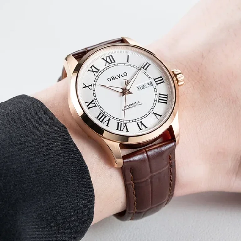 ساعة أوتوماتيكية للرجال من Oblvlo مقاس 41 ملم، ساعة يد ميكانيكية فاخرة، مرآة ياقوتية مضيئة، تقويم مزدوج، تاريخ الأسبوع #5