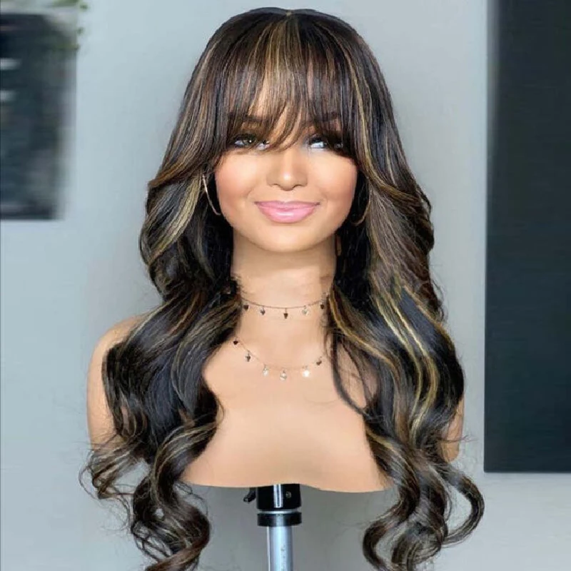 1B 27 Honey Blonde Wig With Bangs Body Wave 13x4 Lace Front Highlight Wig Human Hair Fringe Ombre Blonde Colored Human Hair Wigs