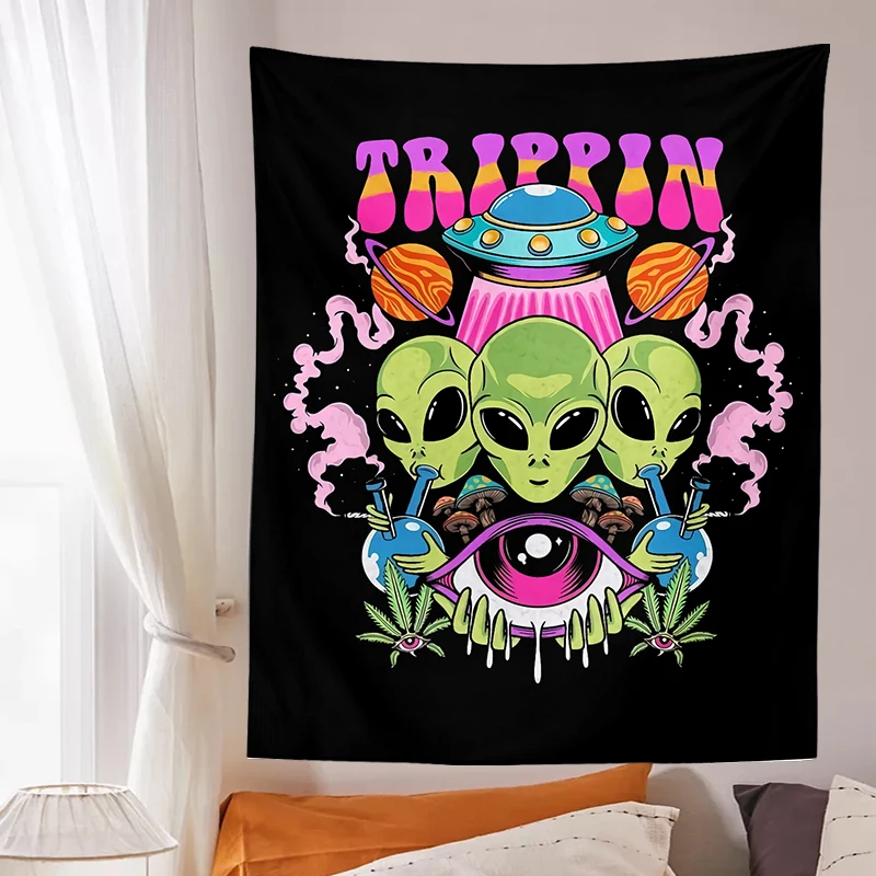 Alien Tapestry Cartoon Illustration hippie Art Mushroom eye Wall Hanging black Tapestries for Living Room Home Dorm Decor Cloth