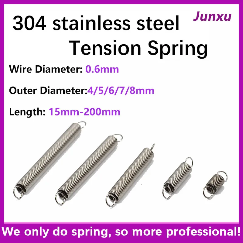 5pcs/lot 0.6mm 304 Stainless Steel O Hook Tension Cylindroid Helical Pullback Extension Tension Coil Spring OD 4-8  lengh 15-200