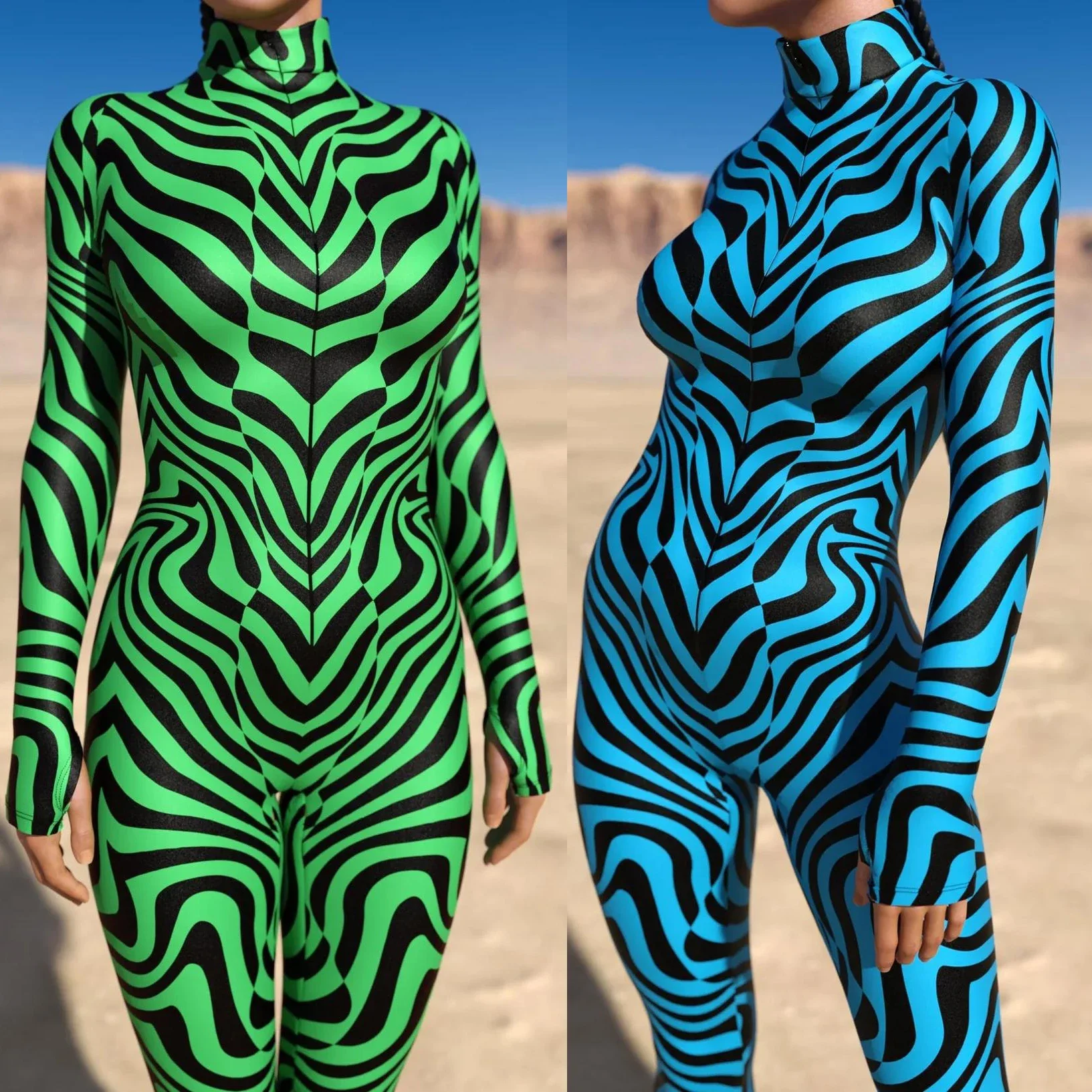 

Zebra Pattern Cosplay Costume Women Art 3D Irregular Lines Jumpsuit Halloween Punk Bodysuit Long Sleeve Performance Zentai Suit
