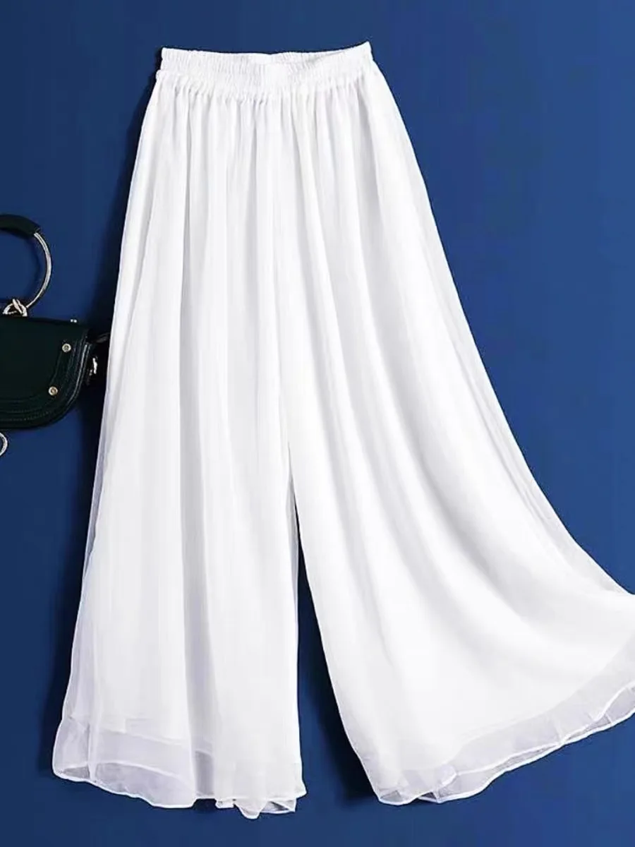 Casual High Waist Silk Chiffon Wide Leg Pants Women's Ethnic Dance Skirt Pants Asymmetric Korean Style Summer Collection