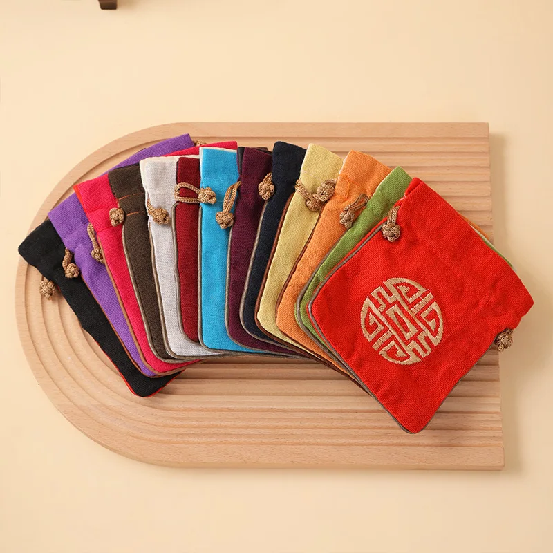 Embroidered 'Xi' Character Linen Bag - Drawstring Jewelry Pouch, Traditional Chinese Wedding Gift & Storage Sack