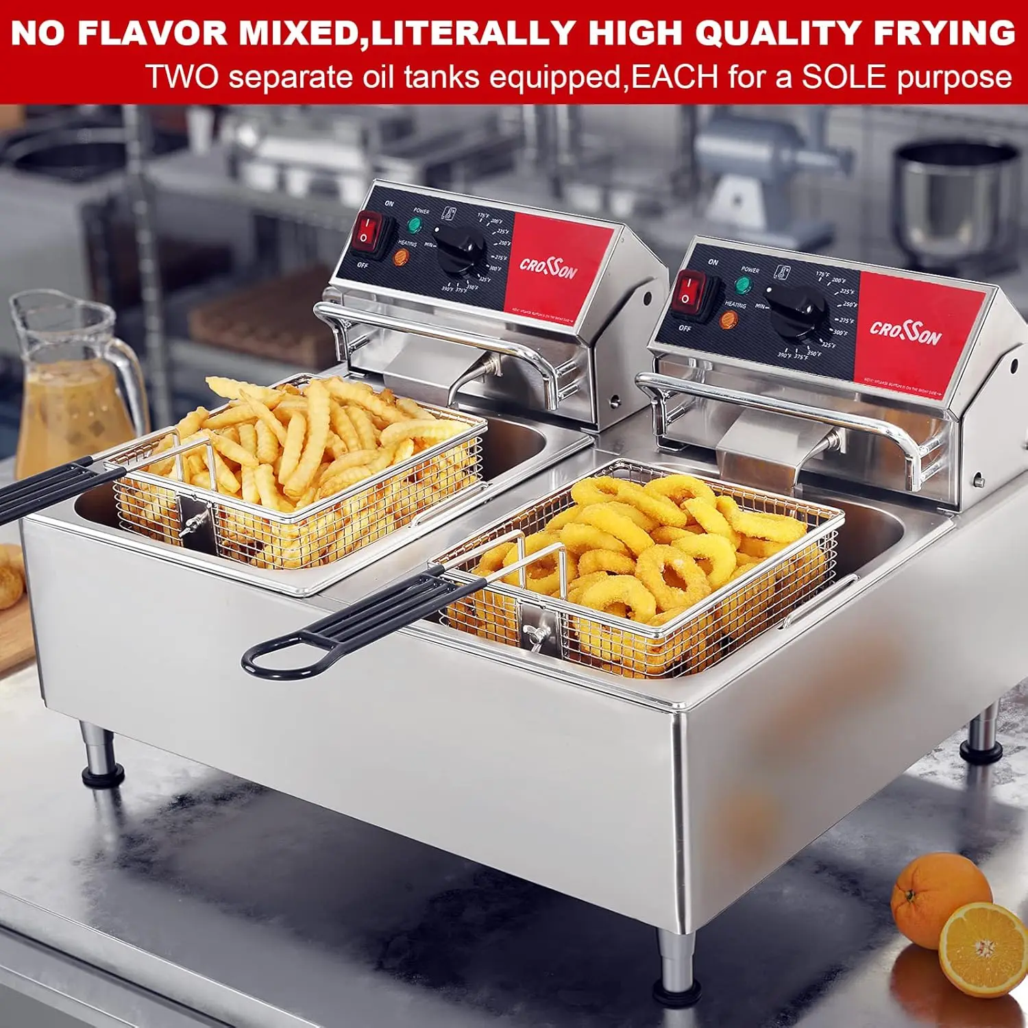 ETL Listed Dual Tank 26Lbs Electric Deep Fryer with Solid Basket,Removable Oil Container and Height Adjustable Legs for Restaura