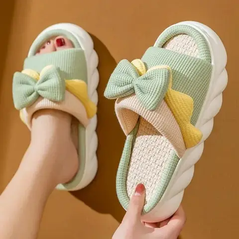 리넨 슬리퍼 여성 실내 슬리퍼 Comzy Anti-Slip House Cotton Shoes 귀여운 Bowknot 플랫 슬리퍼 커플 슬라이드