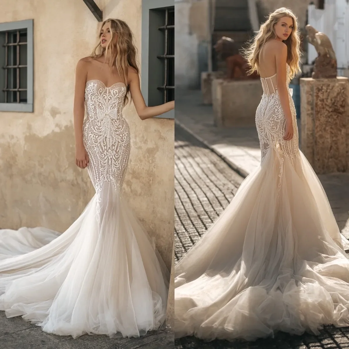 Vestido de novia de sirena con Espalda descubierta, vestido de novia con apliques de lazo, estilo Vintage y Sexy, de lujo, nuevo