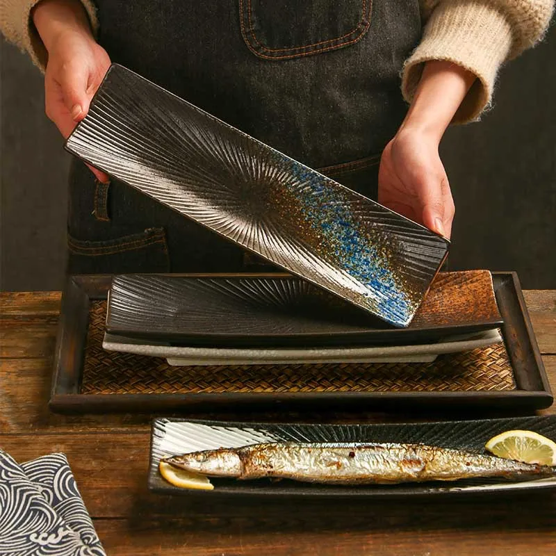 Ceramic plate Japanese ceramic tableware Western plate Creative autumn knife fish plate Boat shaped dish Rectangular dish