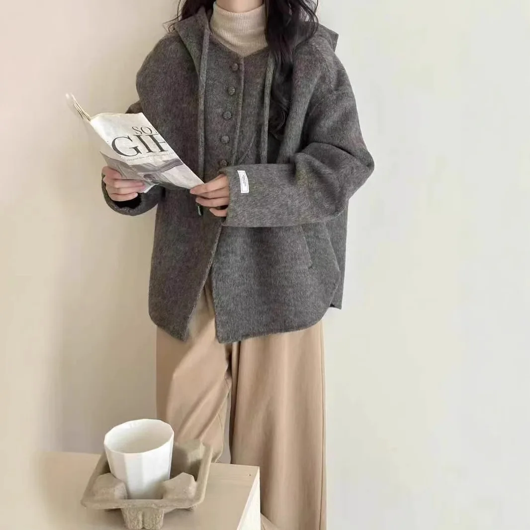 New Korean style drawstring hooded single row multi button off shoulder sleeves double-sided wool coat fashionable and versatile