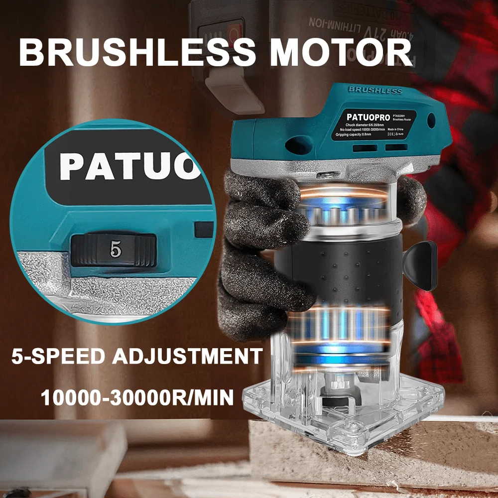 PATUOPRO pemangkas listrik nirkabel, Router kayu 6/6.35/8mm ukiran pekerjaan kayu 30000RPM kecepatan untuk baterai Makita 18V