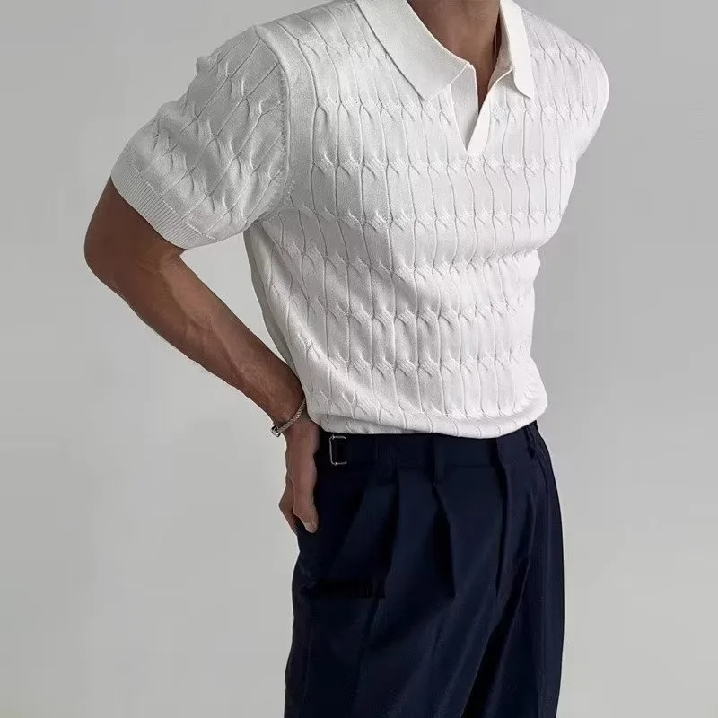 Golf Shirt  Crop Top Summer Sexy V-neck Knitting Men Elastic Force Self Cultivation Lapel Collar Commerce Knitted Short Sleeves