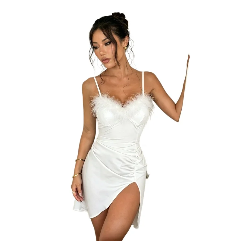 Luxury Satin Feather Trim Slip Dress for Women Ruched Side Split Bodycon Nightgown Padded Camisole Sleepwear Club Party Dress