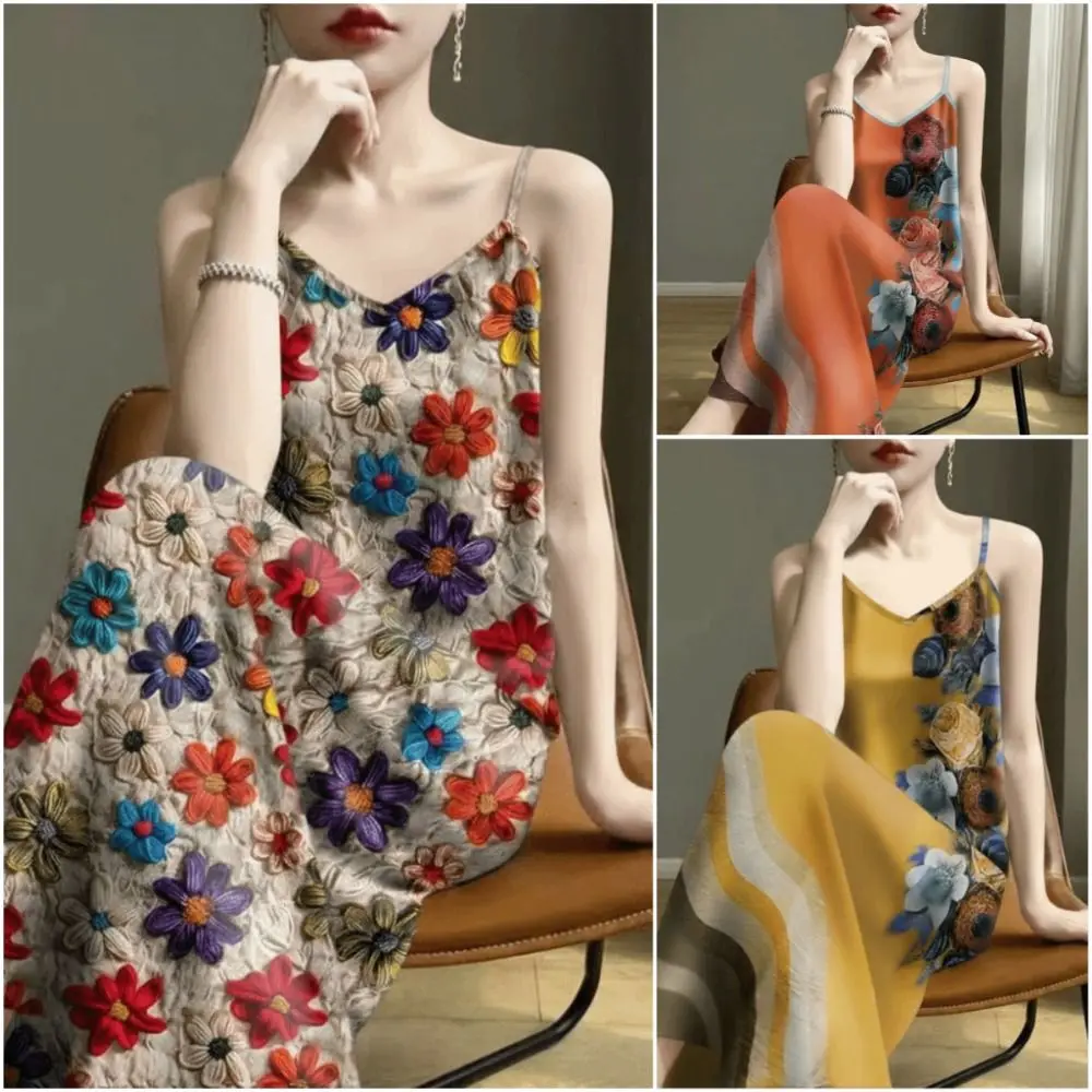 

Bohemian Style Summer Floral Dress V-neck Spaghetti Straps Women's Sleeveless Dress L-3XL Mid-length Camisole Dress