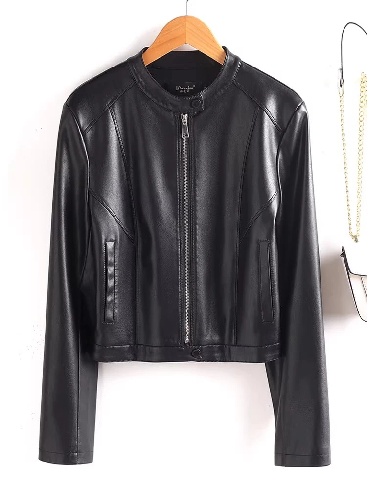 新しい女性の春秋スプリットレザールーズジャケットファッション O ネック長袖カジュアルショートレザーコートシンプルジャケット