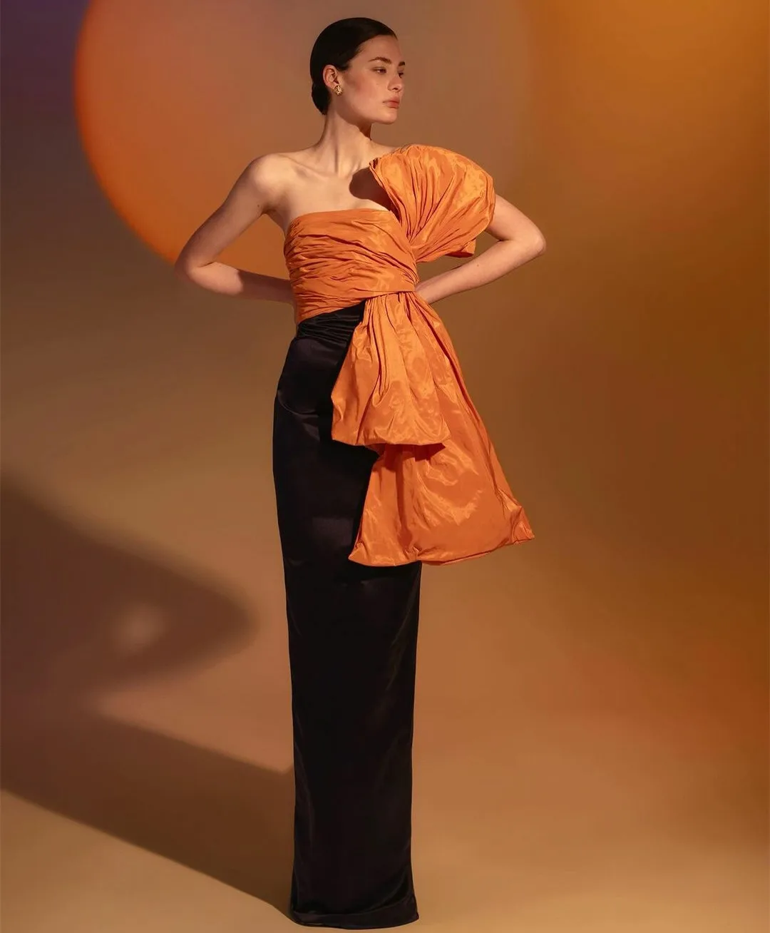 Customized Long Taffeta Black&Orange Evening Dress With Bow Sheath Pleated Floor Length Prom Dress Robes de Soirée for Women